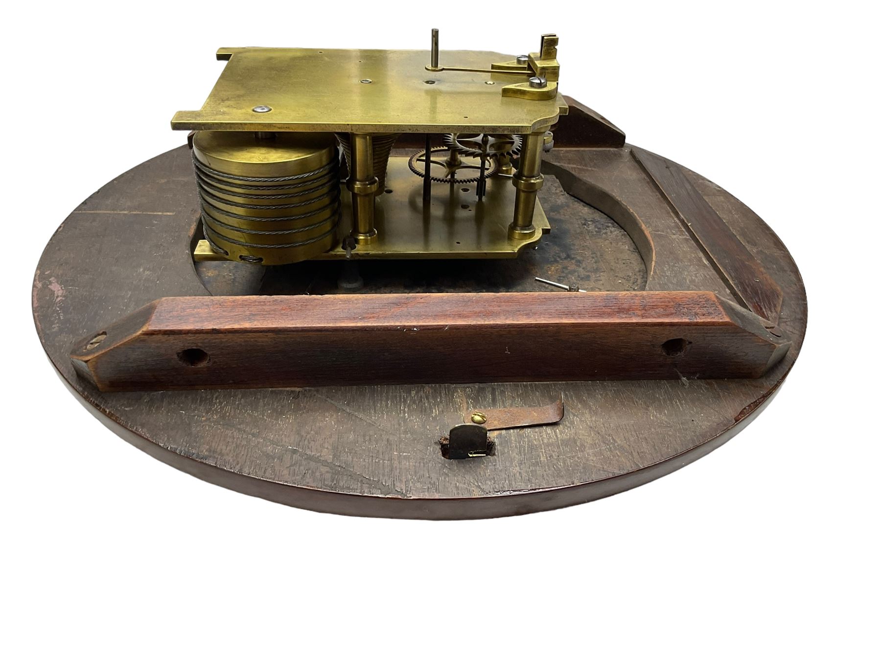 Wilson & Gandar of London -  Fine 19th century fusee timepiece wall clock, mahogany case with a cast brass bezel and 12” painted dial, Roman numerals, minute track and fine pierced moon hands, wire fusee driven movement with curved shoulder movement plates and a recoil anchor escapement. With key and pendulum. Wilson & Gandar are recorded as working in The Strand, London, 1851-75.