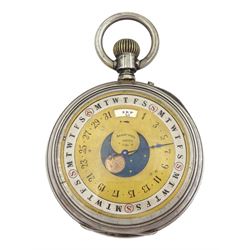 Victorian silver keyless calendar pocket watch, white enamel dial with Roman numerals and subsidiary seconds dial, the reverse gilt and silvered dial with rotating moon phase and date calendar, inscribed 'Registered watch 1881'