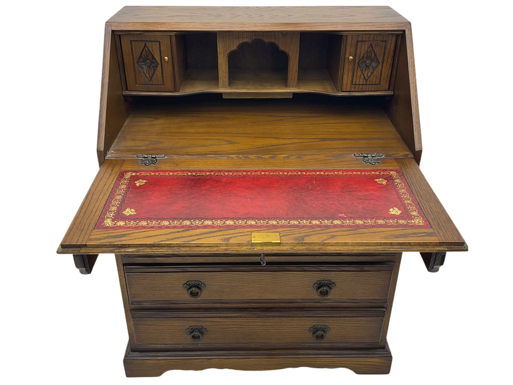 Old Charm oak bureau, fitted with fall front above four drawers