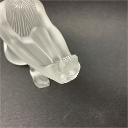 Lalique Nude Temptation, a frosted glass figure of a woman crouching with leg outstretched, in original box, H8cm