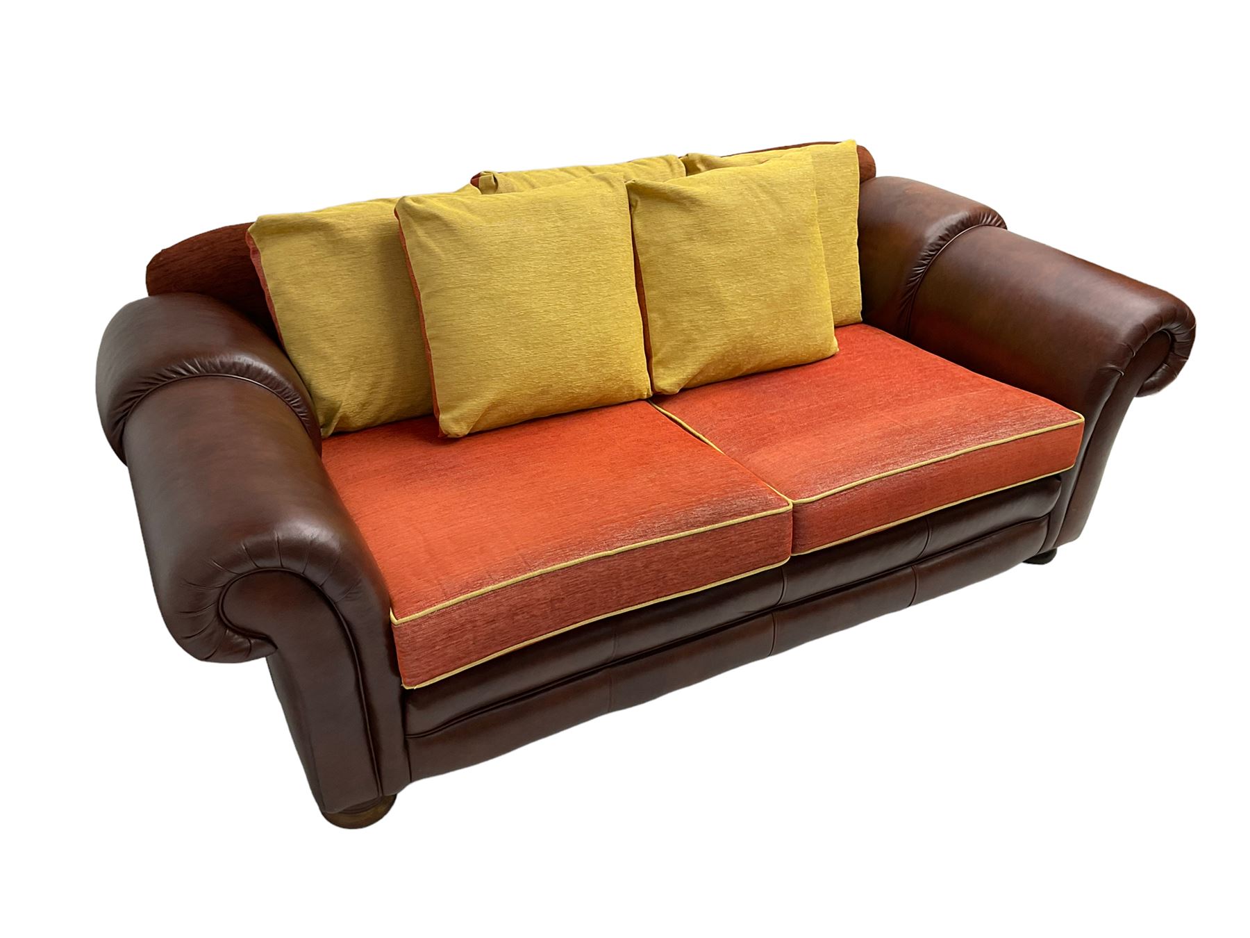Gainsborough Lounge Suites - three piece leather and fabric lounge suite - pair two seat sofas (W225cm, H82cm, D105cm), and matching armchair (W88cm), on turned front feet with scatter cushions
