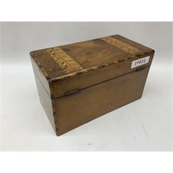 Victorian walnut tea caddy of oblong form with bands of Tunbridge style decoration, the hinged cover opening to reveal a twin compartmented interior with covers, lifting to reveal zinc lining, H14.5cm L25.5cm D13cm