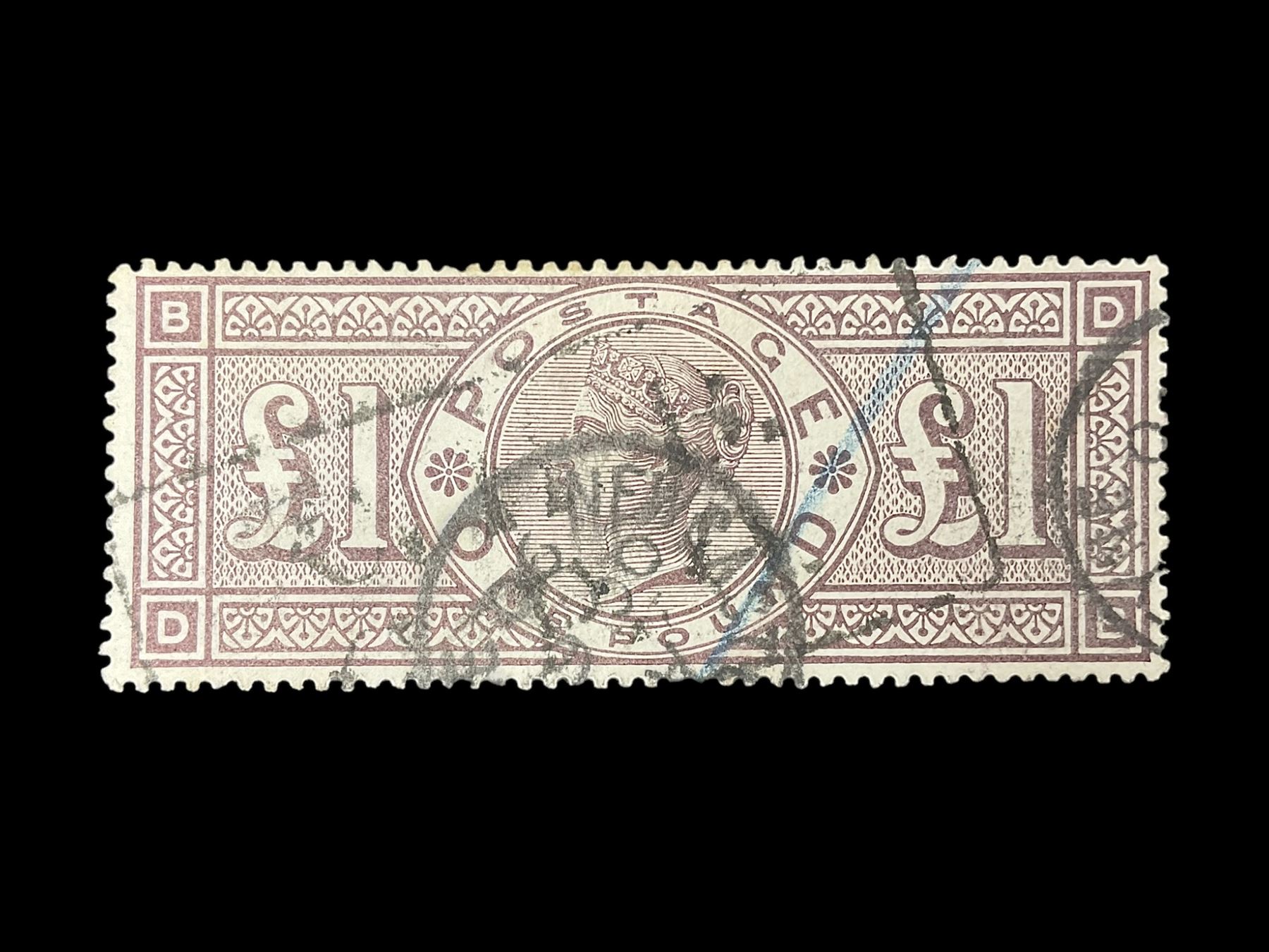 Great Britain Queen Victoria one pound brown-lilac stamp, used, previously mounted