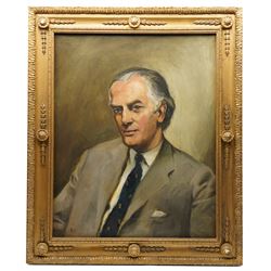 Brenda Bury (British 1932-): Members of European Parliament - 'Sir Stanley James Allen Hill' 'Sir Douglas Dodds-Parker' 'Sir William John Peel' 'Sir Brandon Meredith Rhys-Williams 2nd Baronet' 'Sir Tom Normanton' and 'John Hill MP', set of six oils on canvas signed with initials, in matching frames, 76cm x 59cm (6) Provenance: Property of a Nobleman.