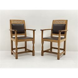 'Lizardman' set six dining chairs, two carvers and four side chairs, carved and pierced lattice top rail over cushioned back and drop in seat upholstered in brown leather, by Derek Slater of Crayke