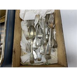 Collection of brassware to include, jam pan, trench art, fire tools, etc, together with silver plated cutlery etc