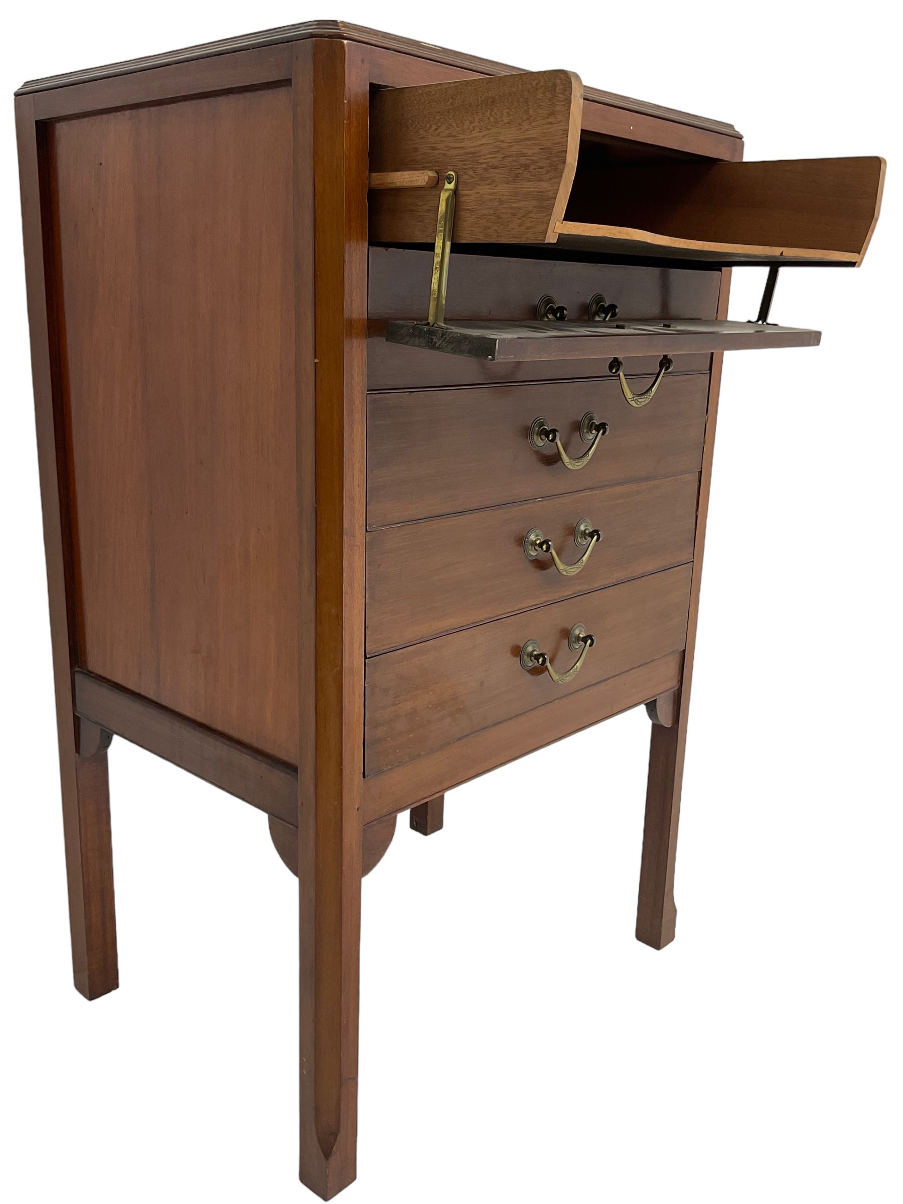 Edwardian mahogany five-drawer music cabinet, moulded top over five drawers with fall fronts, on chamfered square supports 