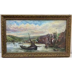 M J Turnbull (British 20th century): Whitby Sailing Boat in Harbour, oil on board unsigned, inscribed verso 37cm x 67cm