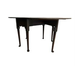 George III oak drop-leaf dining table, oval top over gate-leg action cabriole supports