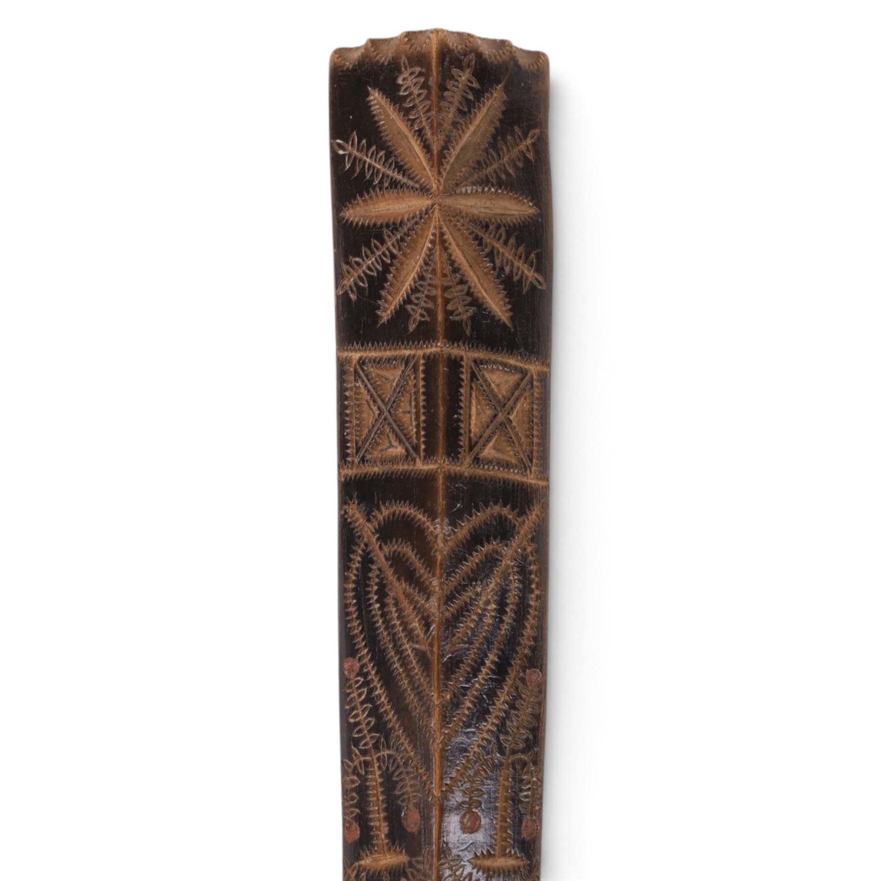 19th century stay busk, of typical triangular form carved with hearts and stylised flowers, with two carving of birds to the verso, L29cm