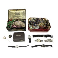 Collection of costume jewellery including beaded necklaces, brooches and clip on earrings with six wristwatches including Sekonda and Junghans