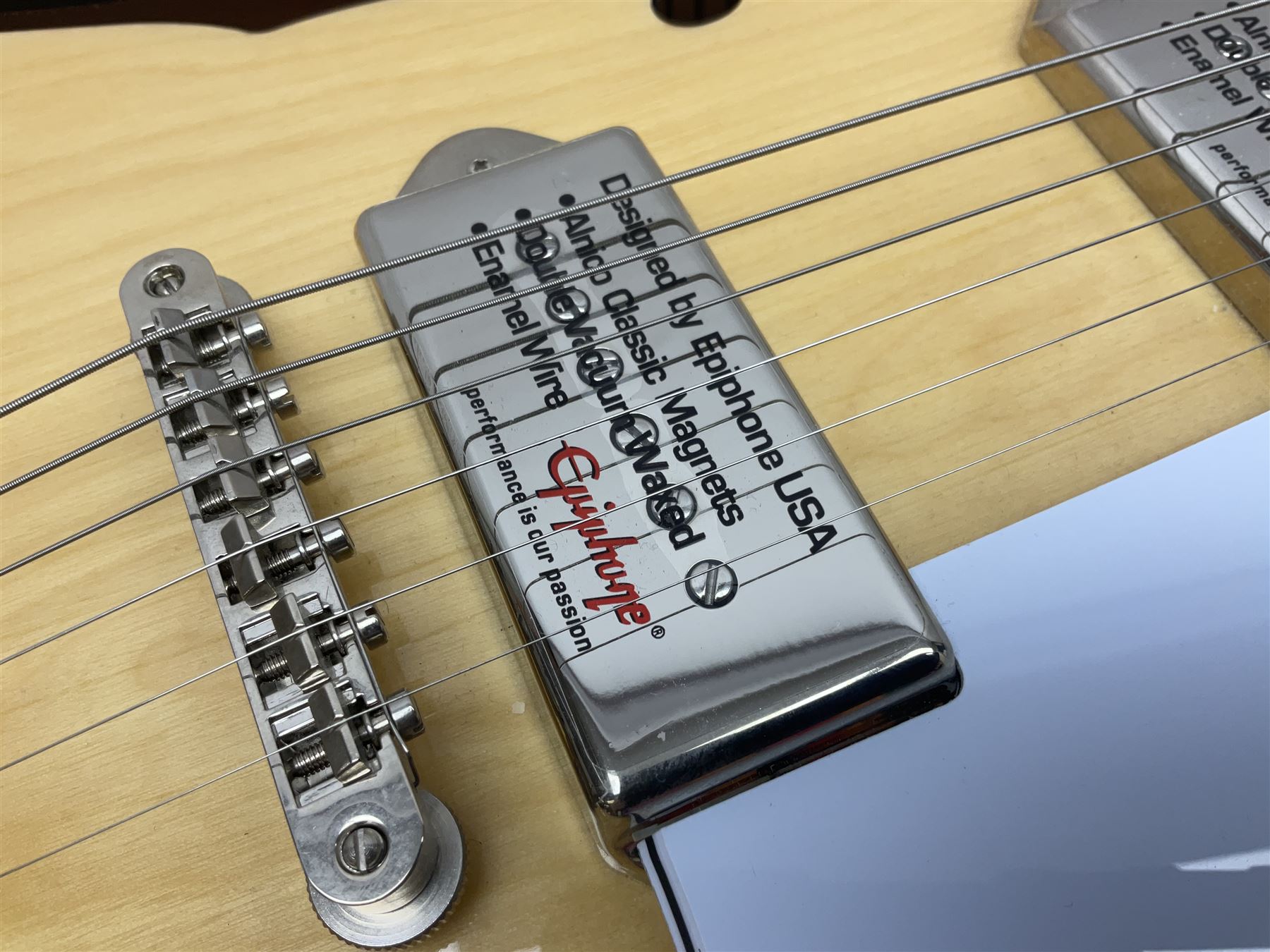 Epiphone Casino NA semi-acoustic guitar with natural maple finish and P90 pick-ups, serial no.19061529340, L105cm overall; in original hard carrying case