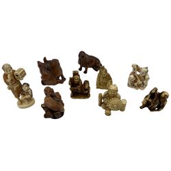 Nine wooden and composite carved netsukes, to include dog, hare and various figures 