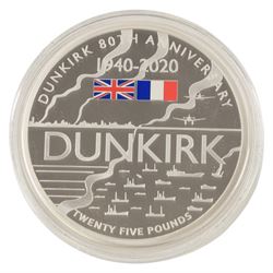 Queen Elizabeth II Alderney 2020 '80th Anniversary of Dunkirk' five ounce silver proof twenty-five pound coin, issued by the Jubilee Mint, cased with certificate
