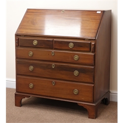  Early 20th century mahogany bureau, fall front enclosing fitted interior above two short and three long graduating drawers, shaped bracket supports, W91cm, H105cm, D51cm  