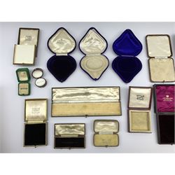 A collection of 19th/ early 20th century jewellery boxes to include a set of three heart shaped velvet boxes and others by Munsey & Co., J. W. Benson Ltd, Hancocks & Co., John J. Hancock, M. Heaps, Stewart Dawson & Company, Biggs, F. Woodman, Fattorini & Sons etc 