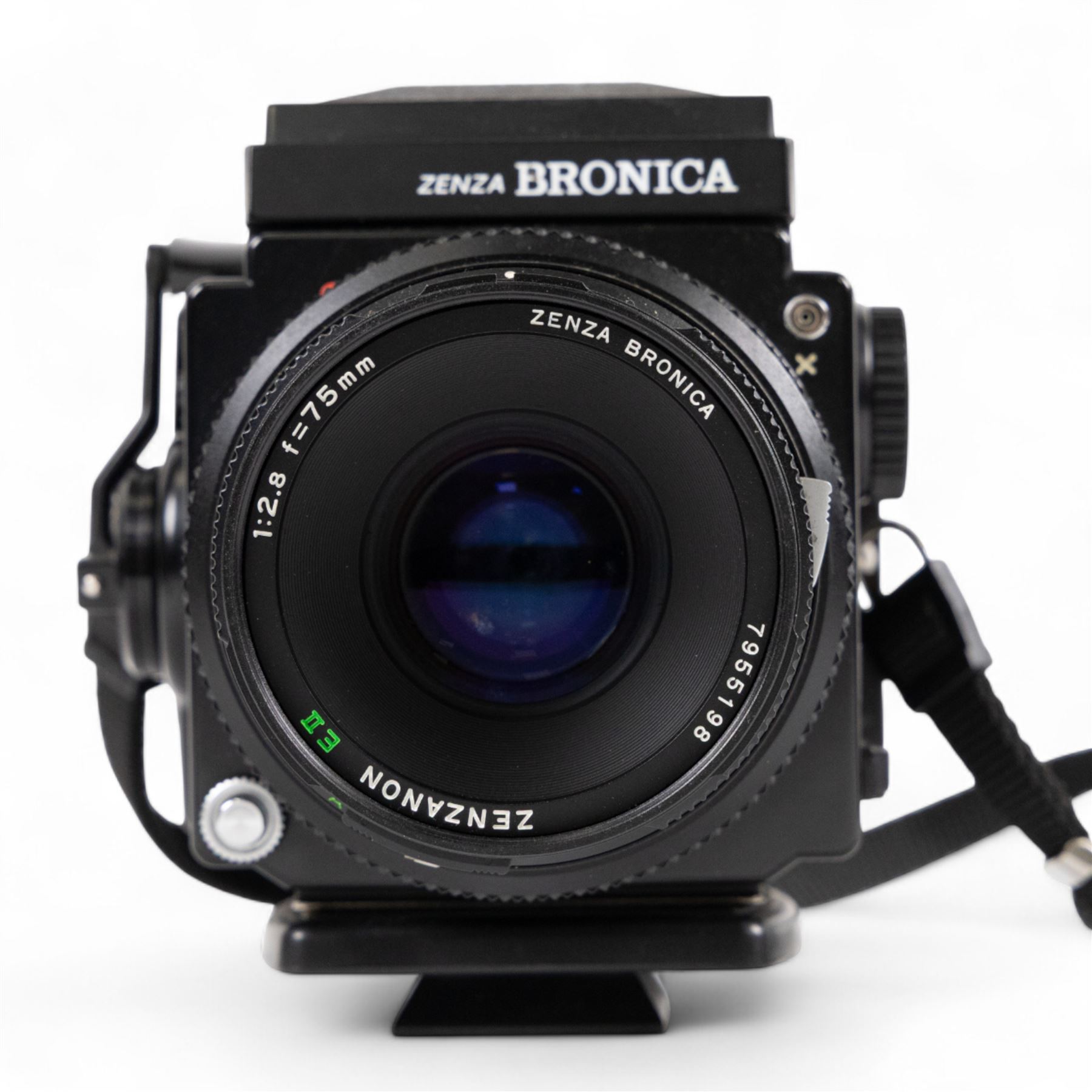 Zenza Bronica ETRS medium format camera, serial no. 8301079, with Zenza Bronica Zenzanon EII 1:2.8 f=75mm lens with lens cap, serial no. 7955198 and two film backs and instruction booklet