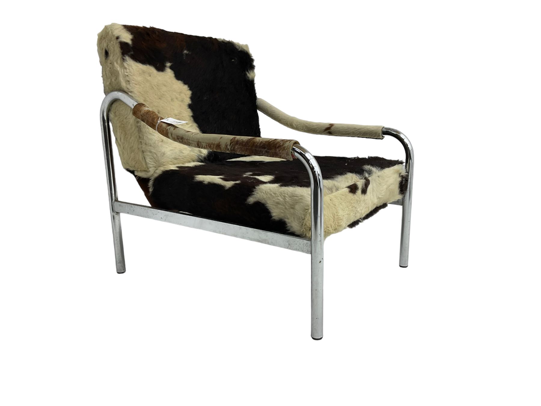 Tim Bates for Pieff - 1970s 'Beta' armchair, chrome frame with leather seat pad, the loose cushions and arms upholstered in tricolour cow hide
