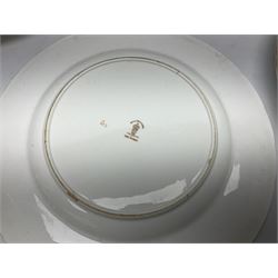 Five early 20th century Royal Crown Derby Olde Avesbury pattern dinner plates, decorated with oriental pheasants, butterflies and other birds amongst flowering branches, with impressed and printed marks to reverse, D26.5cm