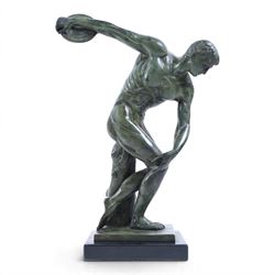 Patinated bronze Discobolus figure upon a rectangular base, H36cm 