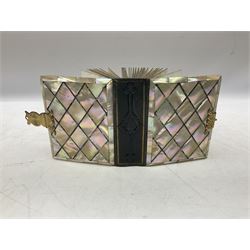 Victorian mother of pearl and abalone mounted photograph album, with gilt metal clasp, opening to reveal vacant apertures, H15cm L12.5cm D5cm 