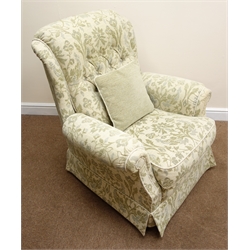  Three seat sofa, upholstered in a light green fabric with floral pattern (W180cm) a pair matching armchairs (W85cm) and footstool (4)  