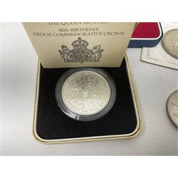 Queen Elizabeth II 1977 silver crown and 1980 silver crown, both cased with certificates, Bailiwick of Guernsey 1978 silver crown cased without certificate, three United Kingdom brilliant uncirculated five pound coins in card folders and twelve other five pound coins