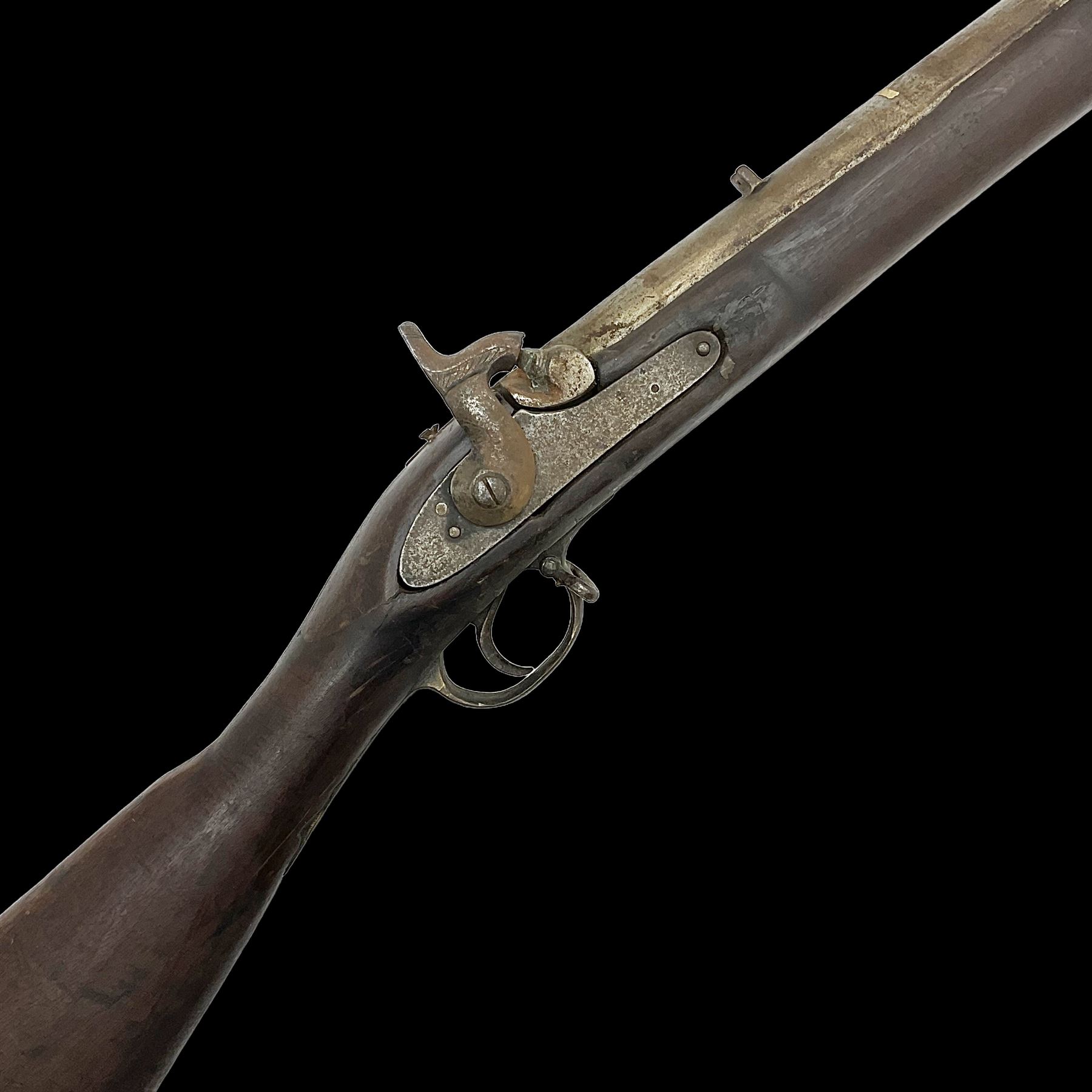 20th century Indian percussion military musket, approximately 20-bore, the 96.5cm barrel with three bands, the steel lock-plate marked 1862 Enfield, walnut full stock with brass fittings and under barrel ramrod channel L140.5cm overall