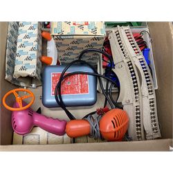 Tri-ang Scalextric - seven cars including pair of Jaguar D Types, pair of Austin Minis, Porsche and BRM racing cars etc; six various controllers and power unit, fencing, banking and bridge pillars, boxed kiosk, quantity of track and paperwork