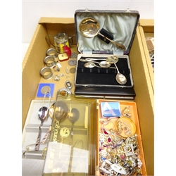  Quantity of costume jewellery & silver-plate including two pairs of silver earrings, silver rings, beaded necklaces, cutlery sets, micro-mosaic oval brooch, Chinese porcelain teapot with metal mounts, canteen of bronze cutlery etc   