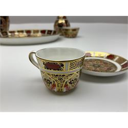 Royal Crown Derby Imari pattern cabaret set, comprising tray, teapot, milk jug, sucrier, tea cup and saucer, together with two matching miniature vases, tallest vase H12cm
