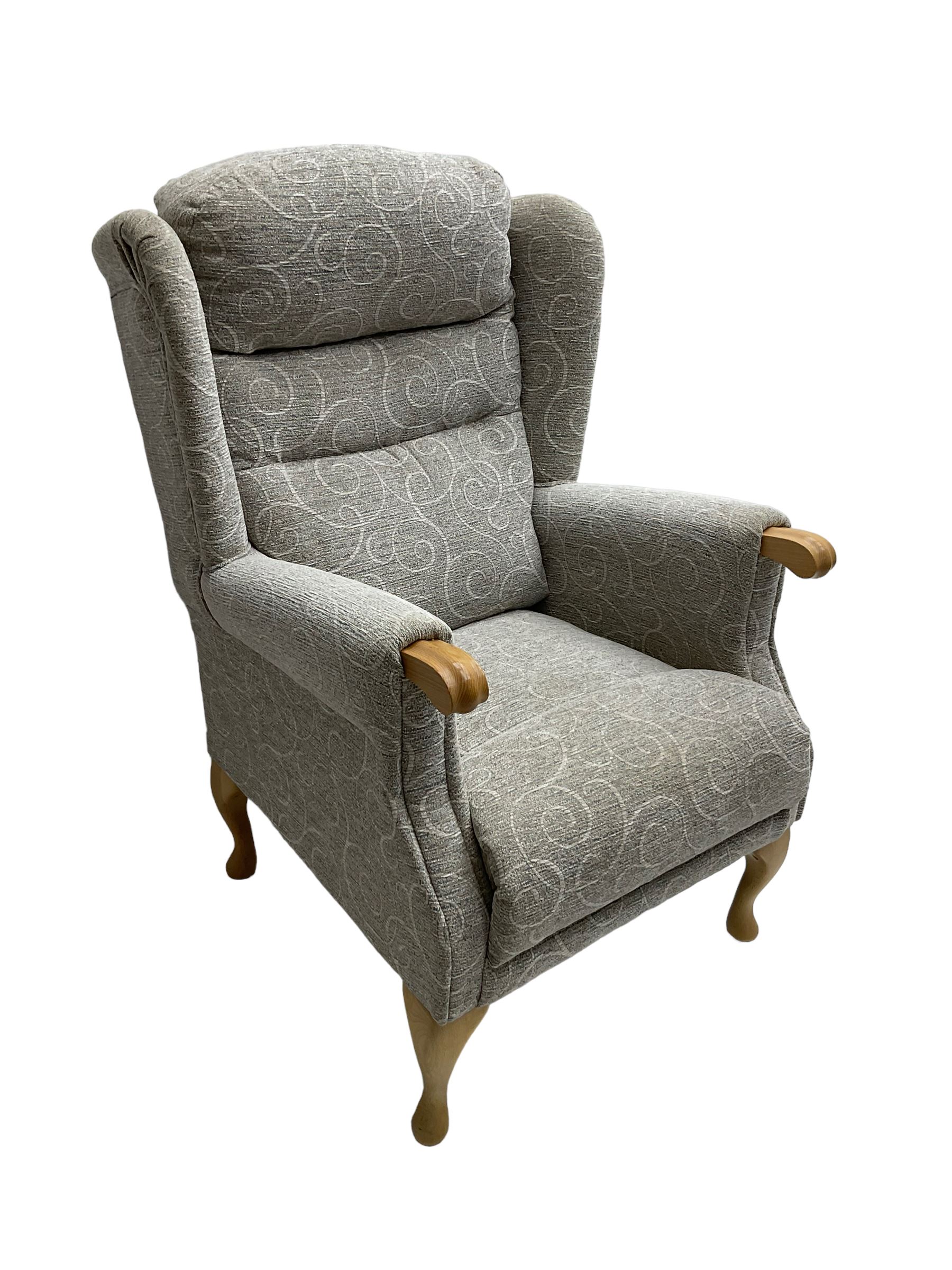 The Cotswold Chair Company - 'Berkeley Queen Anne' wingback armchair, upholstered in textured scroll fabric with sprung seat, on cabriole supports
