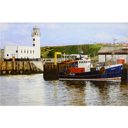 Tom S Hoy (British 20th century): Trawler Moored in Scarborough Harbour, acrylic on board signed 43cm x 59cm