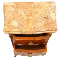 Pair of French inlaid kingwood marquetry bedsides, the shaped marble top over two drawers flanked by gilt metal rocaille mounts, raised on tapering cabriole supports