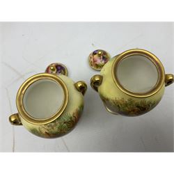 Aynsley Orchard Gold pattern ceramics, comprising pair of twin handled vases with covers, two pin dishes and another twin handled vase, covered vases H17cm 