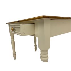 Hall or side table, polished rectangular top over painted base fitted with two drawers, turned supports