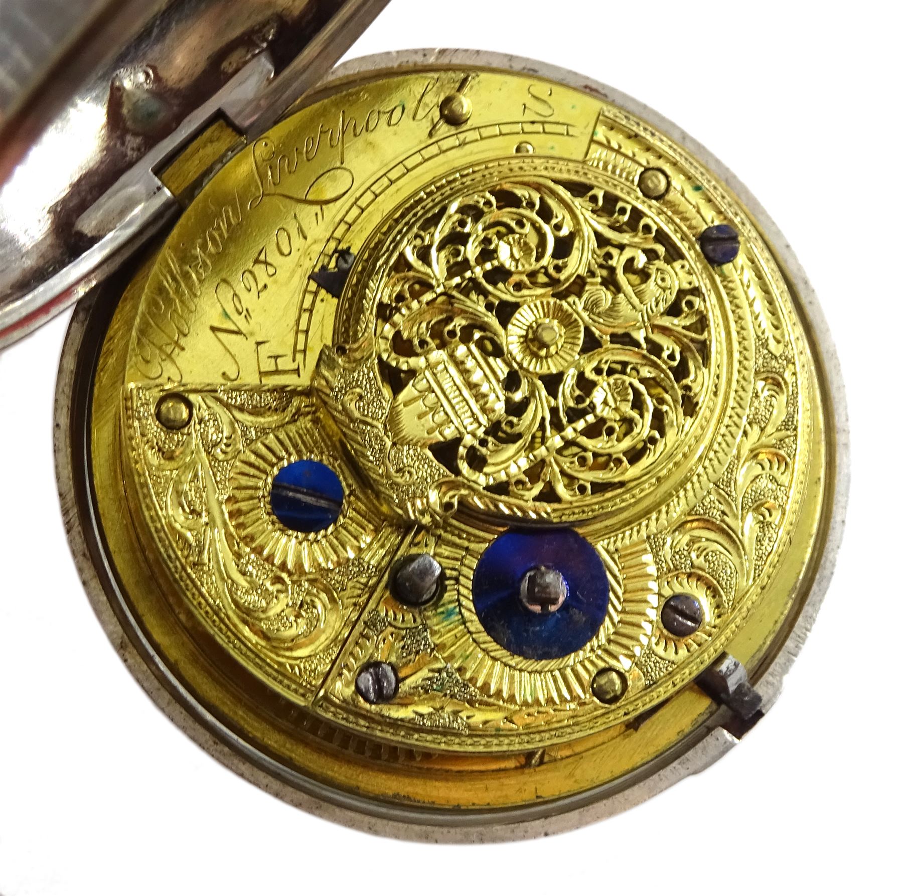 George III silver pair cased verge fusee pocket watch by Hollison, Liverpool, No. 2801, round pillars, pierced and engraved balance cock decorated with a classical urn, white enamel dial with Arabic numerals, bull's eye glass, case makers mark W H, Birmingham 1804