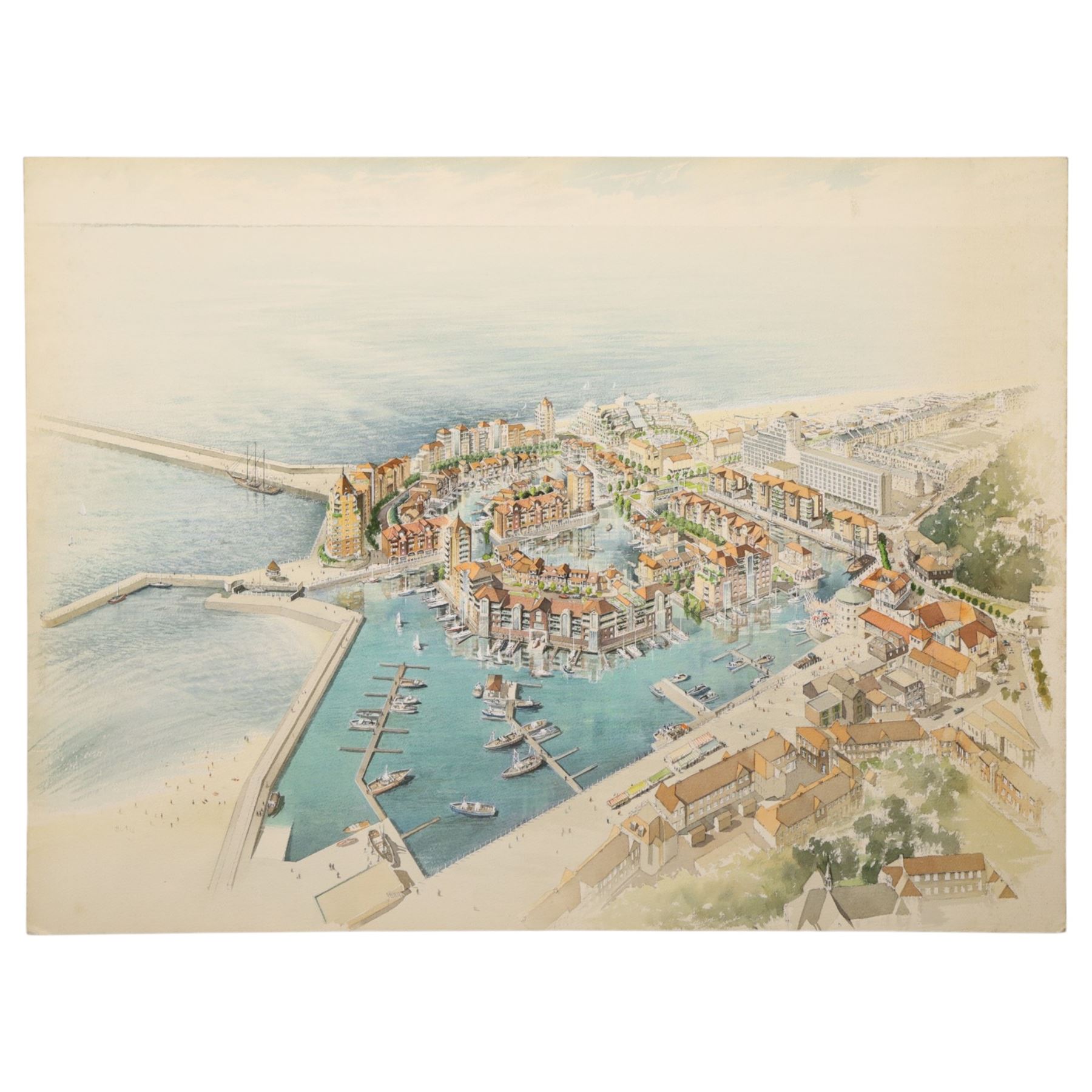 Paul Freeman (British 20th Century): Architectural perspective for Folkestone Harbour Village - Kent, watercolour heightened with white unsigned 55cm x 74cm (unframed)
Notes: The plans for this redevelopment of Folkestone Harbour were drawn in 1989 and were to cost upwards of £100 million. The plans never materialised due to the land being sold to Sir Roger De Haan in 2004.