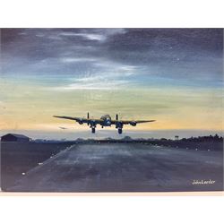 John Larder (20th century) - study of Lancaster bombers landing on a runway at dusk, oil painting on canvas board, 37 x 51cm, white frame