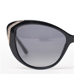 Bulgari - pair of oversized cat-eye sunglasses, with gradient tinted lenses in a black frame, the temples and arms with gold-tone hardware inset with pave-jewelled hinge detail, with original cloth pouch, hard leather case and box