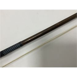 Wooden double bass bow with a mother of pearl inlay to the frog Length 71cm