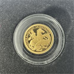 Queen Elizabeth II Tristan da Cunha 2020 'Pre-decimal 50th Anniversary' gold proof one-eight sovereign, Alderney 2021 'George and the Dragon 200th Anniversary' gold proof one-eight sovereign, both being 1 gram of 22 carat gold and Alderney 2021 'Queen's 95th Birthday' gold proof one eighth sovereign coin being 0.917 grams of 24 carat gold, all with certificates
