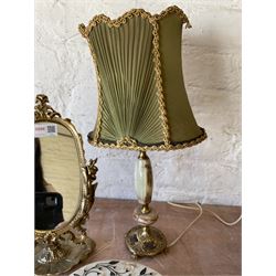 Onyx and gilt table lamp with olive green shade, H43cm, gilt brass swing oval mirror and agate box with mother of pearl inlay floral decoration 