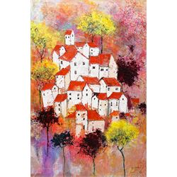 Ann Lamb (British 1955-): Crowded Landscape with Luminous Trees, mixed media on canvas sig...