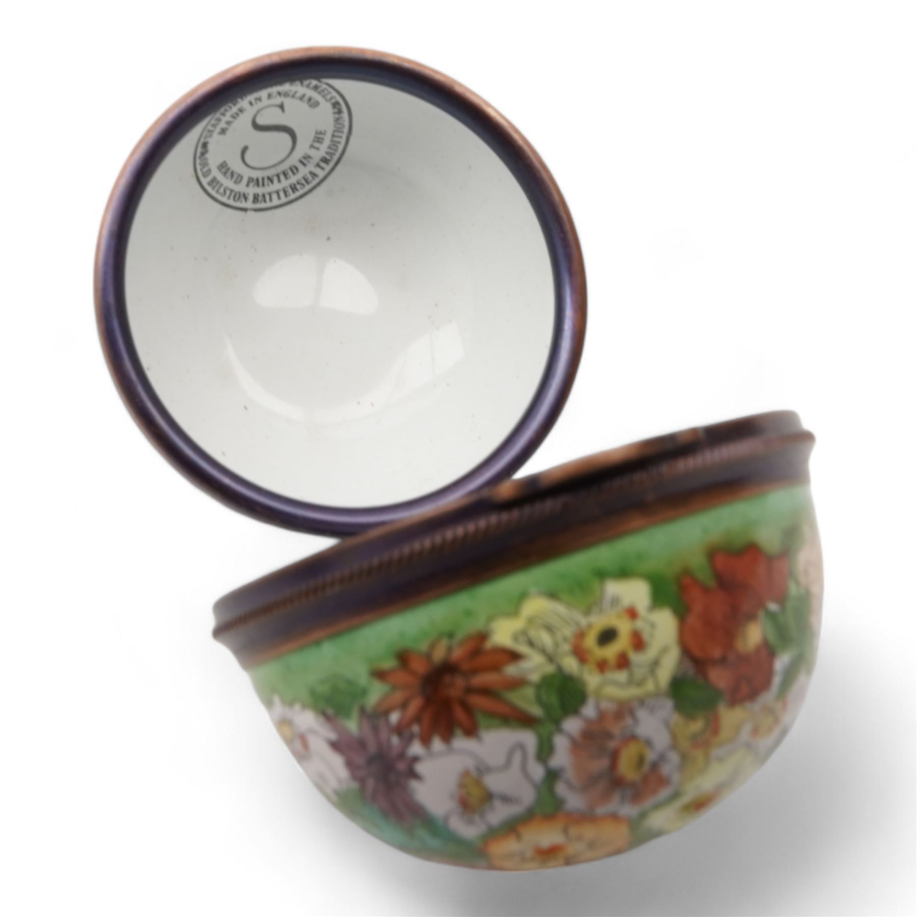Staffordshire Enamels pomander, two Chelsea Bonbonnieres in the form of a Giraffe and rosebud, together with a Crummles Royal Mail enamel label holder (4)