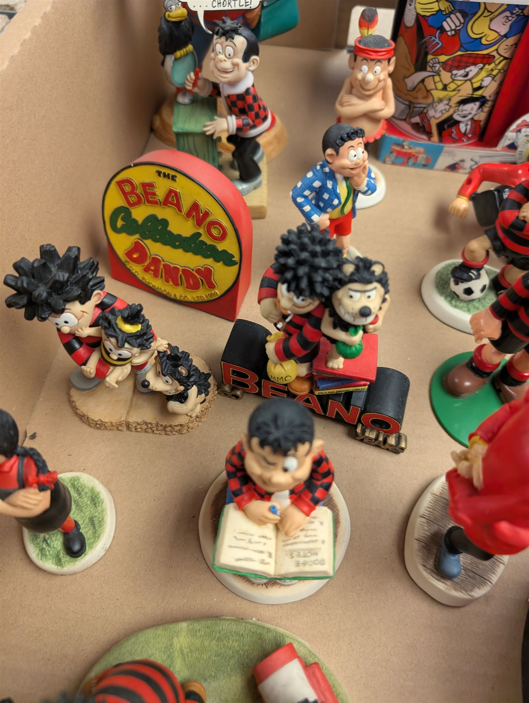 Collection of Robert Harrod The Beano Dandy Collection figures including Desperate Dan, Teach, Rodger the Dodger and Chips together with Beano collectibles including mugs, stamps, etc
