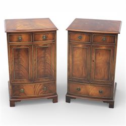 Reprodux - Georgian design pair of mahogany bow-front cabinets, moulded lifting hinged top, above a locking cabinet with drawer below, raised on bracket feet 