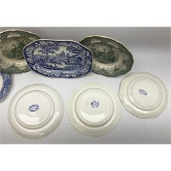 A pair of John Ridgway soup bowls, transfer printed in green with the Giraffe pattern, together with a group of other 19th century blue transfer printed wares, including a pair of Walmer pattern dinner plates. 