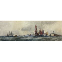 Frank Henry Mason (Staithes Group 1875-1965): Sailing Vessel and Fishing Boats off the Coast, watercolour signed 25cm x 75cm