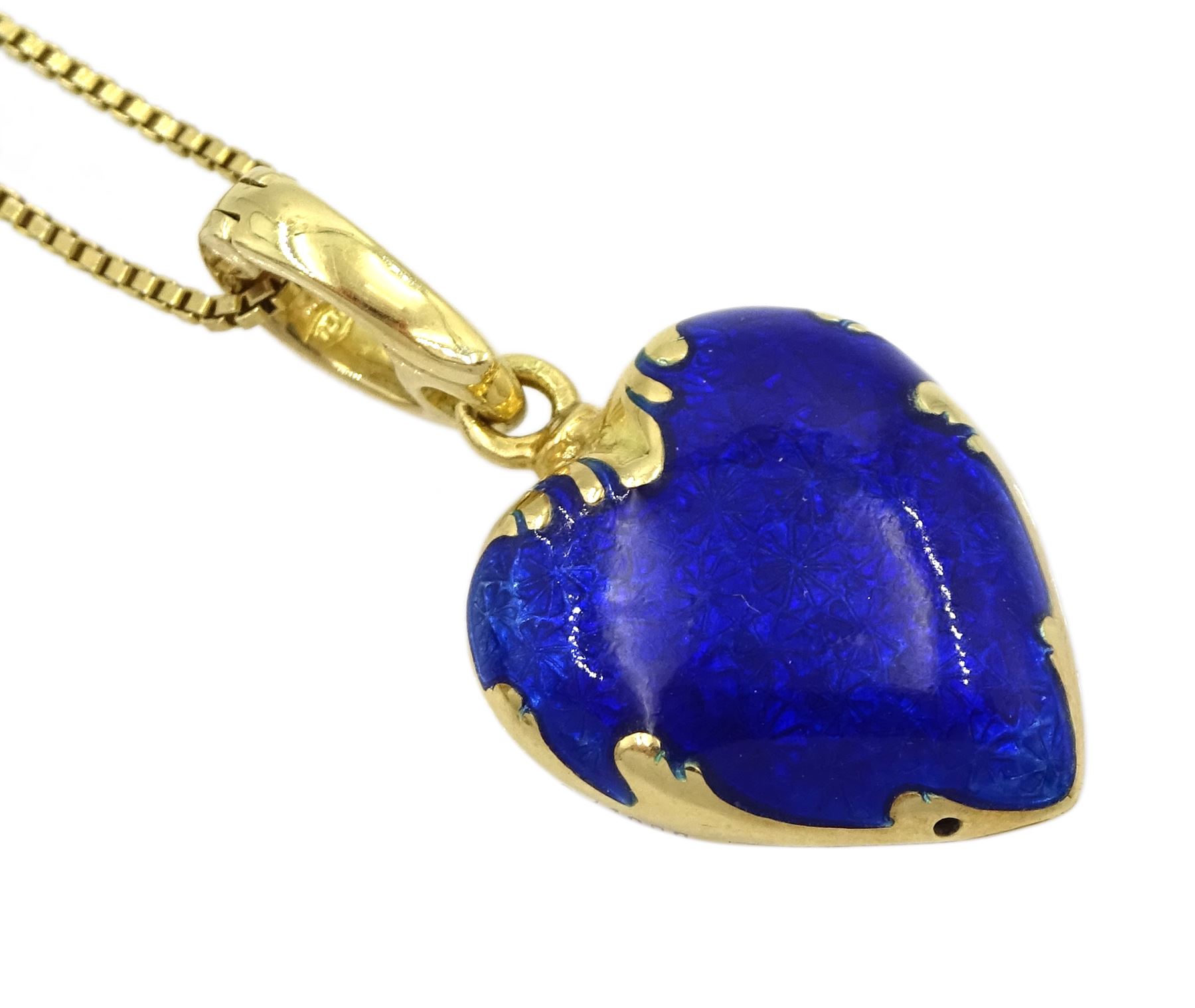 Victor Mayer for Faberge 18ct gold blue enamel heart shaped pendant, with applied gold four leaf clover decoration, limited edition No. 722/1000, on silver-gilt chain necklace, boxed